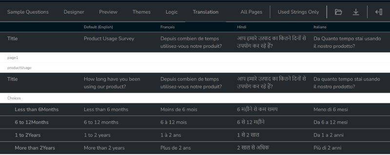 Survey Designer - Translation tab